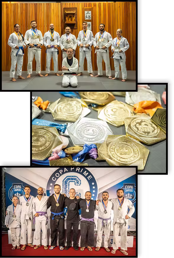 Três fotos mostrando momentos de competições, medalhas e resultados.